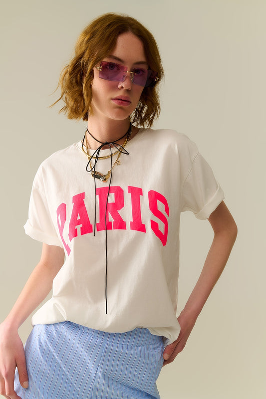 Q2 Maglietta Rilassata Bianca Paris con Lettere Rosa