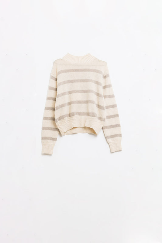 Q2 Maglione a collo alto a righe in beige e crema