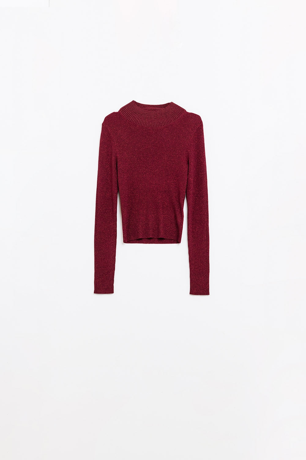 maglione a collo alto con glitter rosso scintillante e maniche lunghe