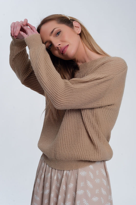 Q2 Maglione a coste beige chiaro