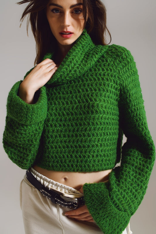 Q2 Maglione a coste con collo a dolcevita e polsini arrotolati in maglia a nido d'ape verde