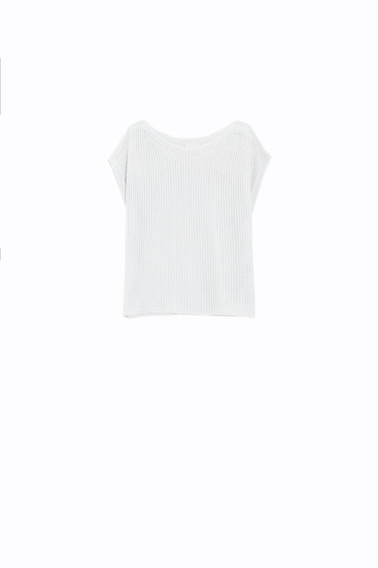 Q2 Maglione a coste con scollo a barca e maniche a cappuccio in bianco