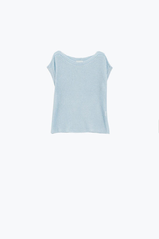 Q2 Maglione a coste con scollo a barca e maniche a cappuccio in blu