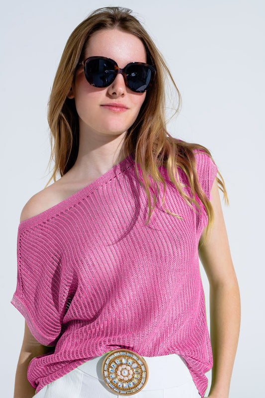 Q2 Maglione a coste con scollo a barca e maniche a cappuccio in rosa
