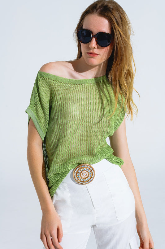 Q2 Maglione a coste con scollo a barca e maniche a cappuccio in verde