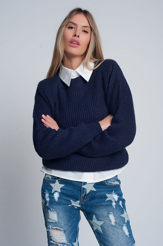 Q2 Maglione a coste di colore blu scuro