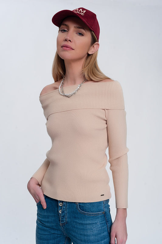 Q2 Maglione a coste larghe con scollo Bardot beige