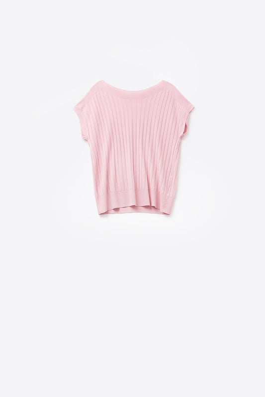 Q2 Maglione a coste sottili rosa con scollo a barca