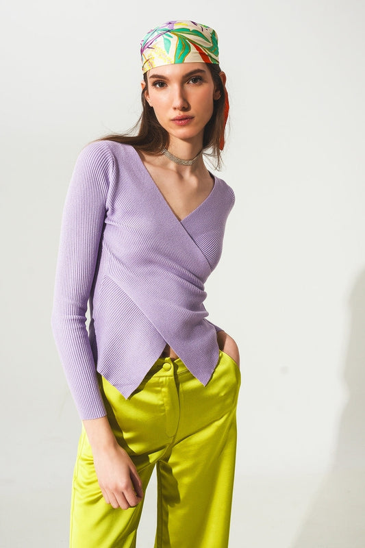 Q2 Maglione a coste viola con collo a V