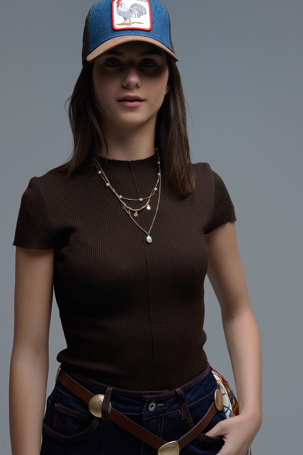 Maglione a costine con peso piuma marrone da rimboccare