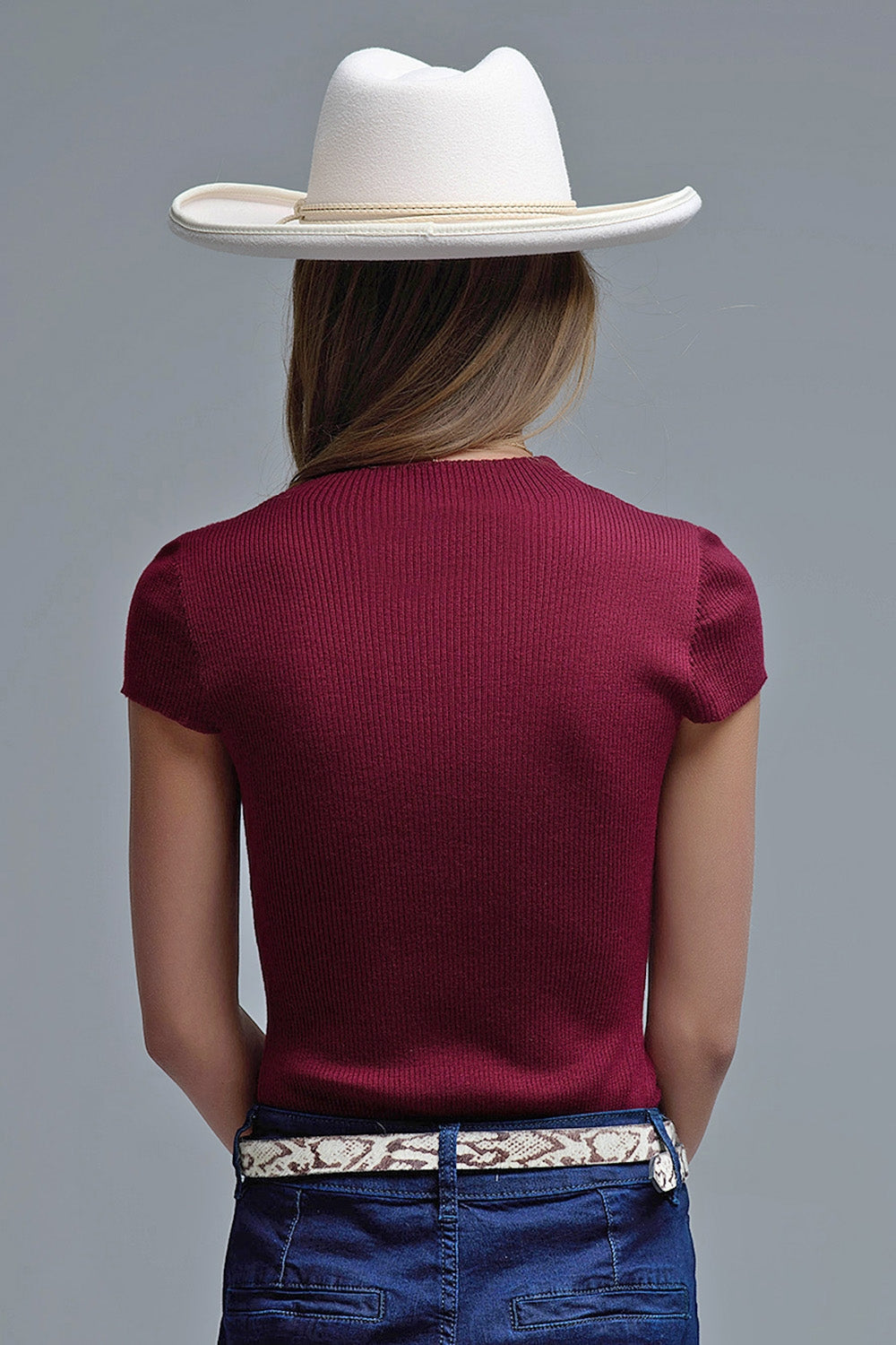 Maglione a costine in borgogna con peso piuma da rimboccare