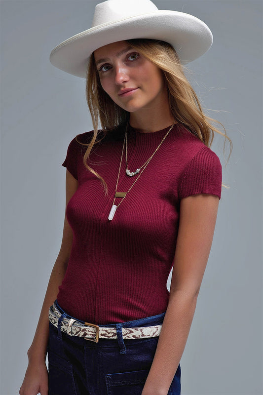 Q2 Maglione a costine in borgogna con peso piuma da rimboccare