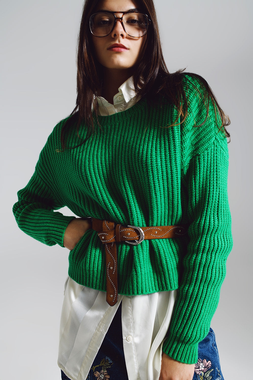 Q2 Maglione a maglia affusolata rilassato in verde brillante