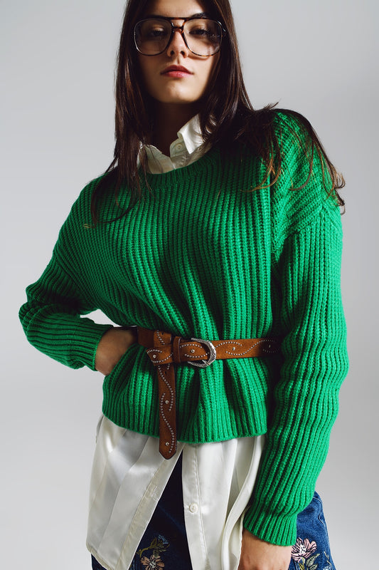 Q2 Maglione a maglia affusolata rilassato in verde brillante