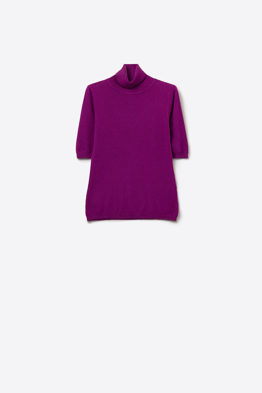 Q2 Maglione a maglia fine in fucsia con collo alto e maniche al gomito