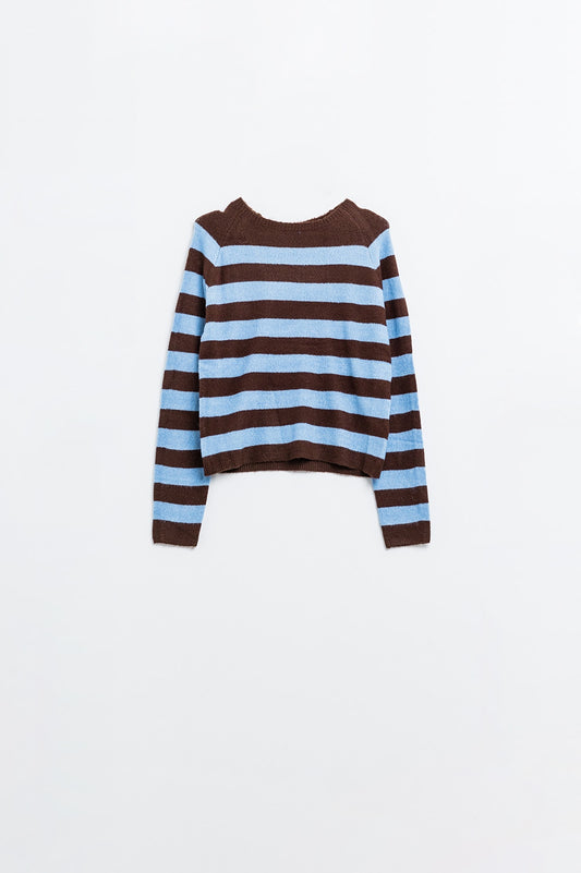 Q2 Maglione a maglia fine in marrone con righe blu