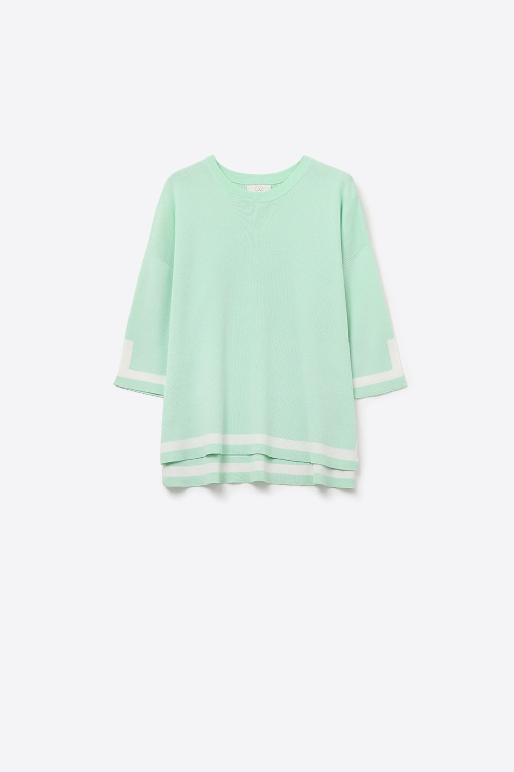 Q2 Maglione a maglia fine verde menta con dettaglio a righe bianche a contrasto e maniche a 3/4