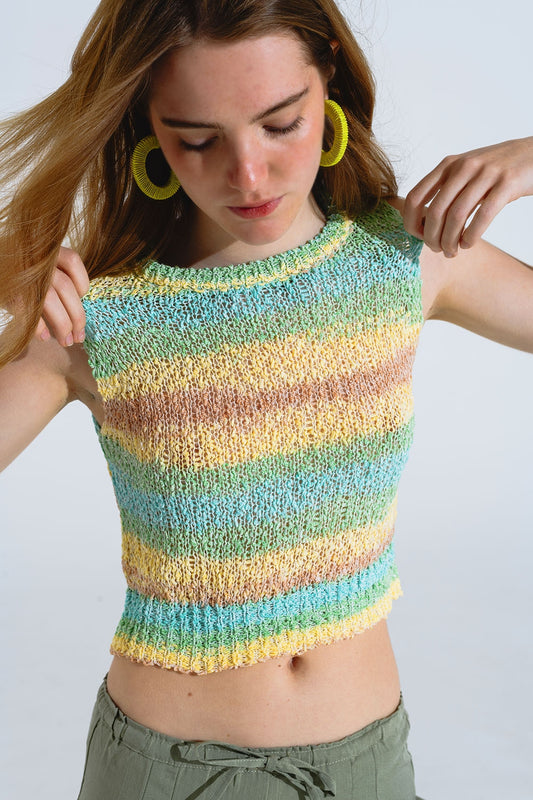 Q2 Maglione a maglia multicolore senza maniche con strisce e scollatura a girocollo