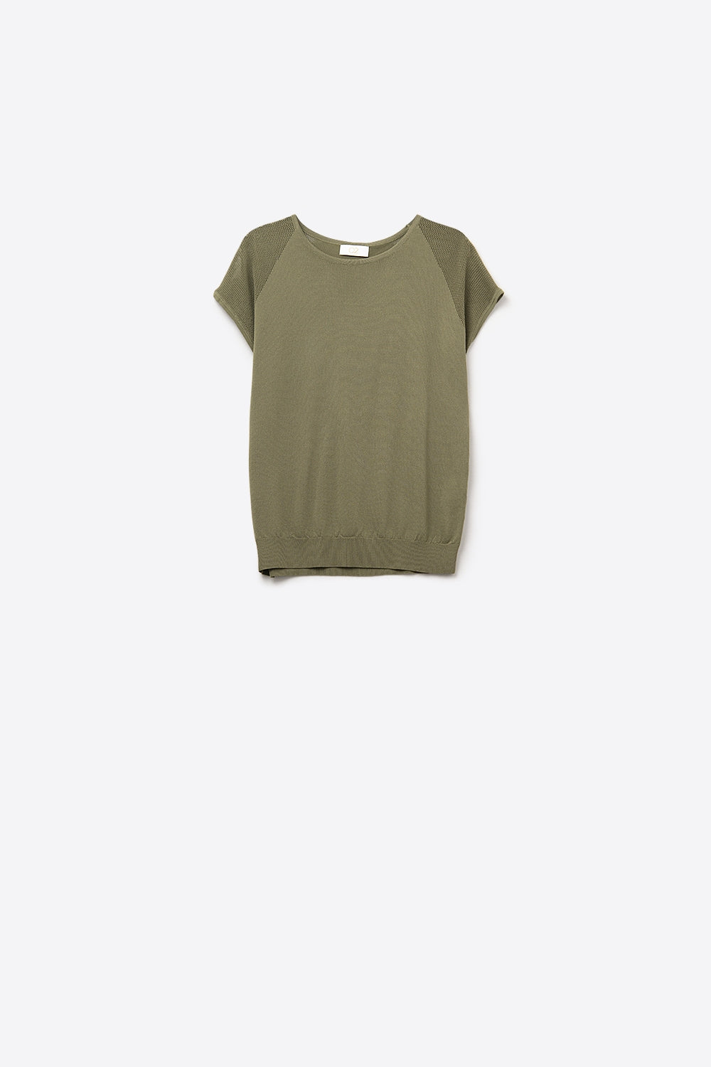 Q2 Maglione a manica corta color cachi con rete a maglia sulla spalla