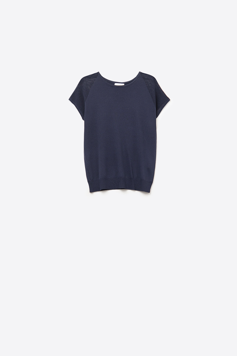 Q2 Maglione a manica corta color navy con rete a maglia sulla spalla