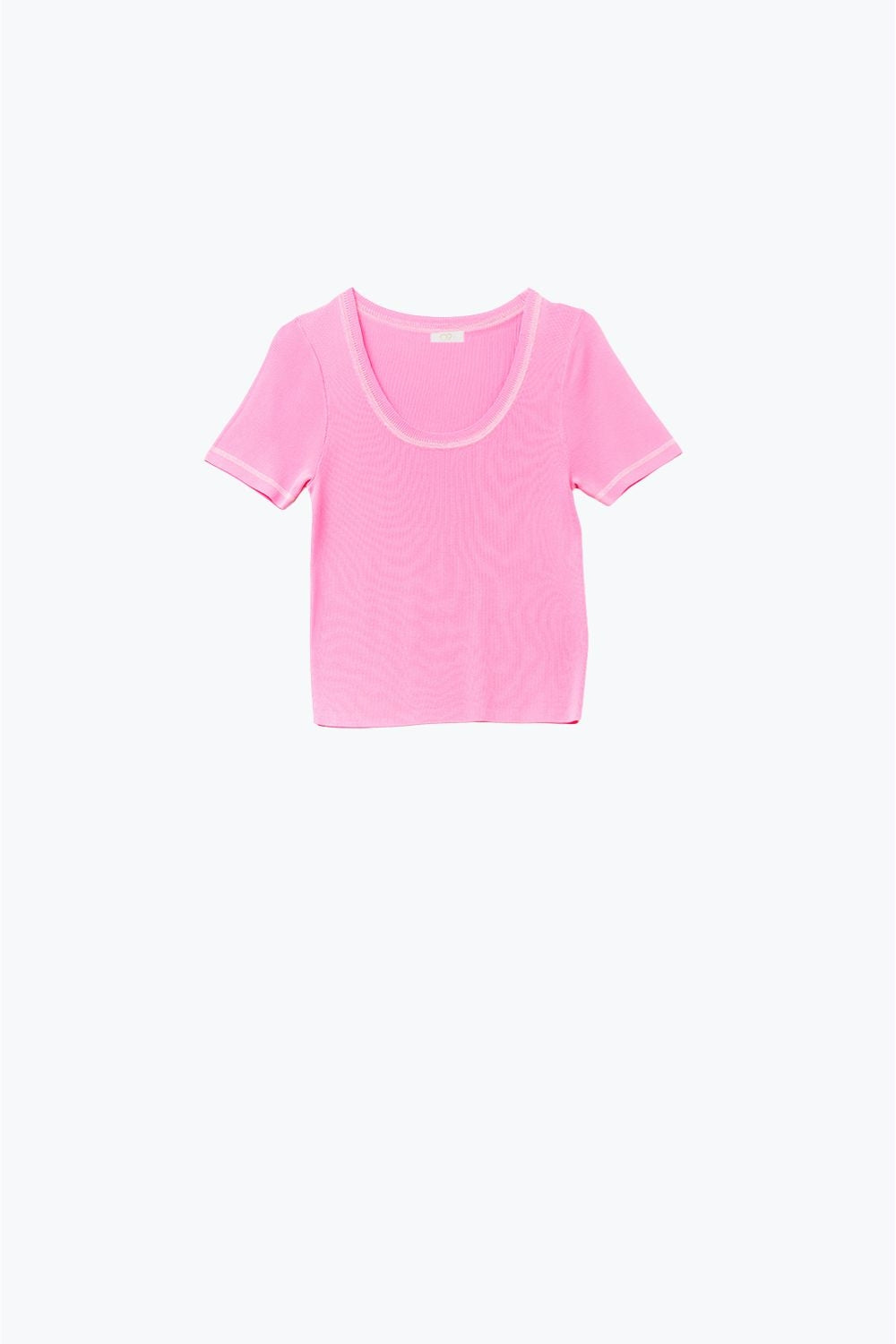 Q2 Maglione a manica corta in rosa con cuciture argentate sullo scollo rotondo