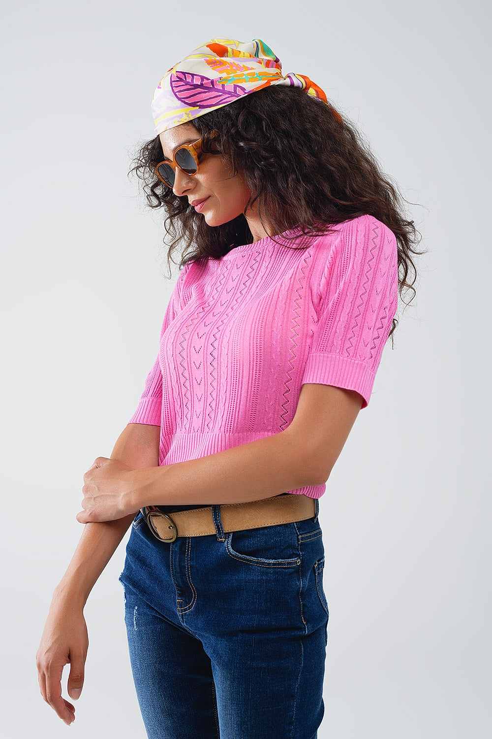 Q2 Maglione a maniche 3/4 in maglia fucsia con dettagli a righe zig zag