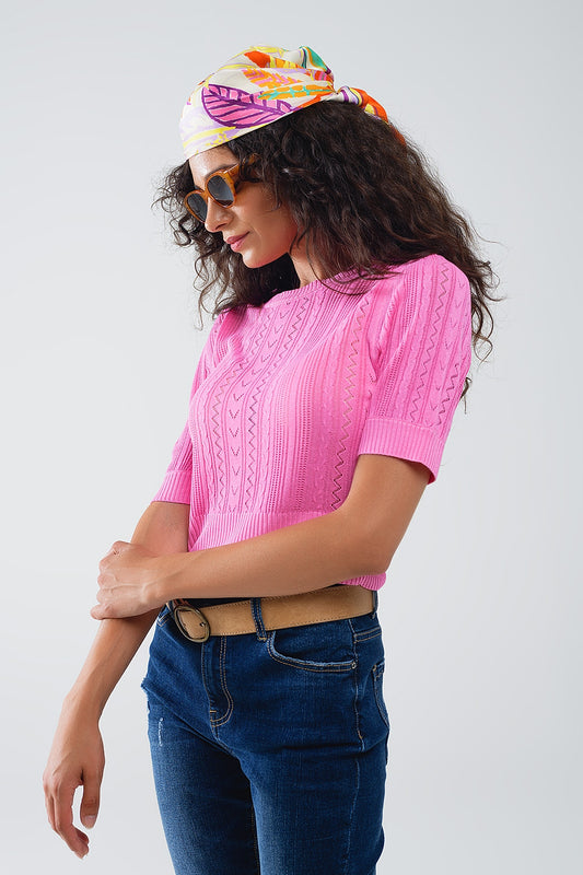 Q2 Maglione a maniche 3/4 in maglia fucsia con dettagli a righe zig zag