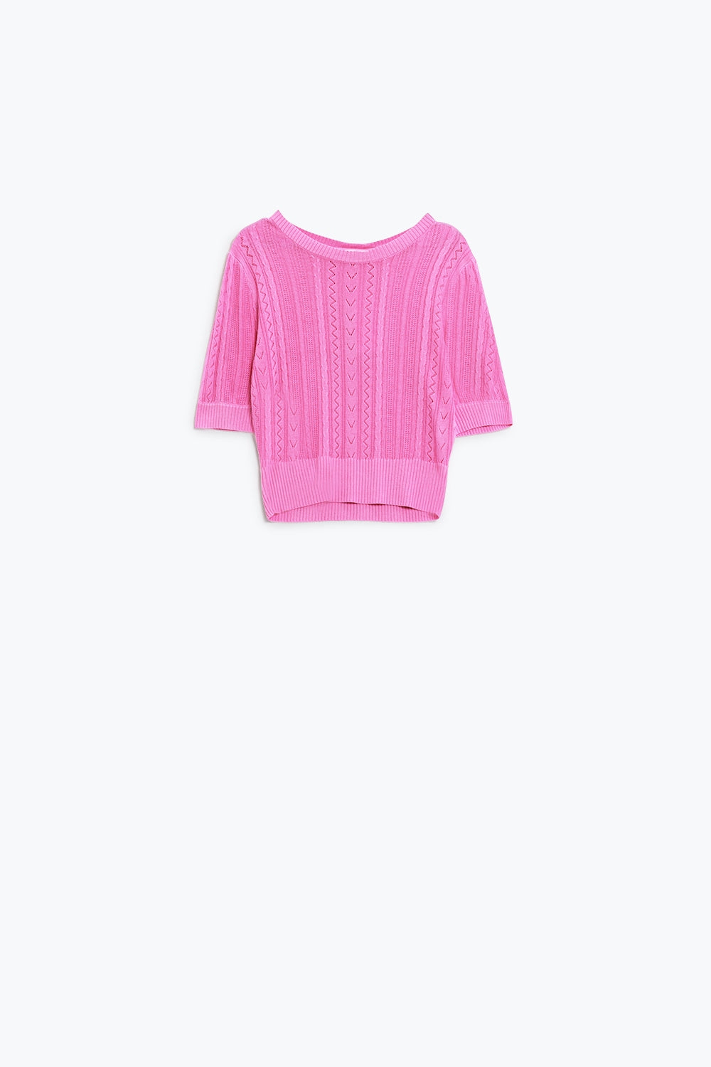 Maglione a maniche 3/4 in maglia fucsia con dettagli a righe zig zag