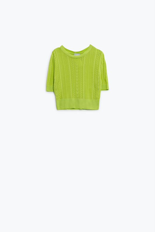 Q2 Maglione a maniche 3/4 in maglia verde con dettagli a righe zig zag