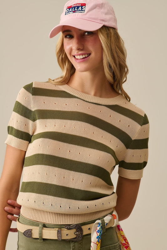 Q2 Maglione a maniche corte a righe in maglia a pois verde