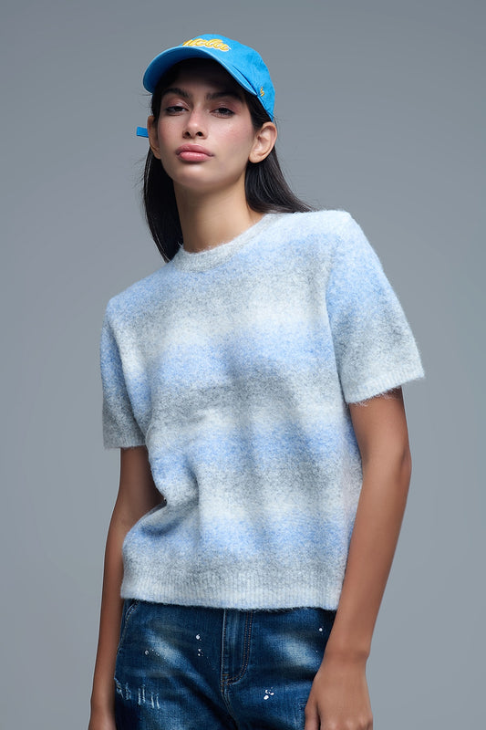 Q2 Maglione a maniche corte a righe ombré in blu