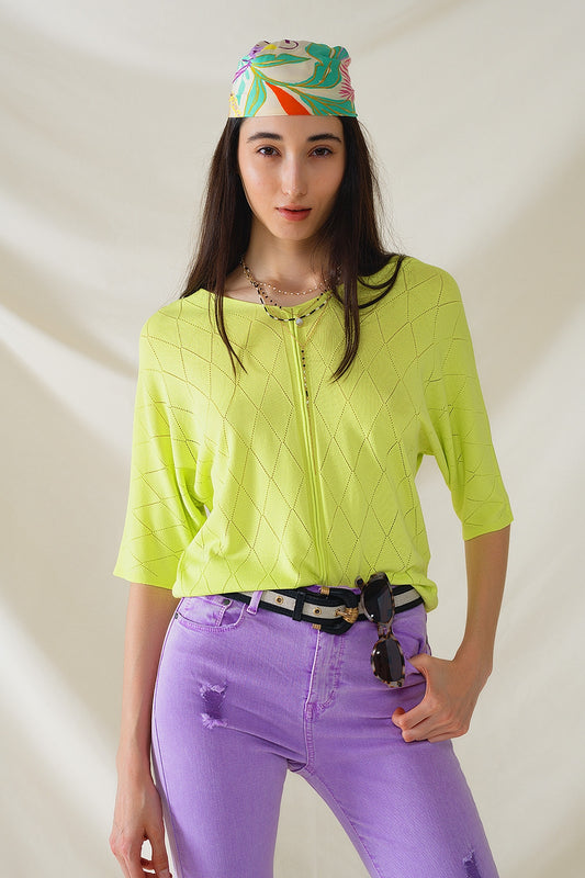 Q2 Maglione a maniche corte color lime con motivo argyle