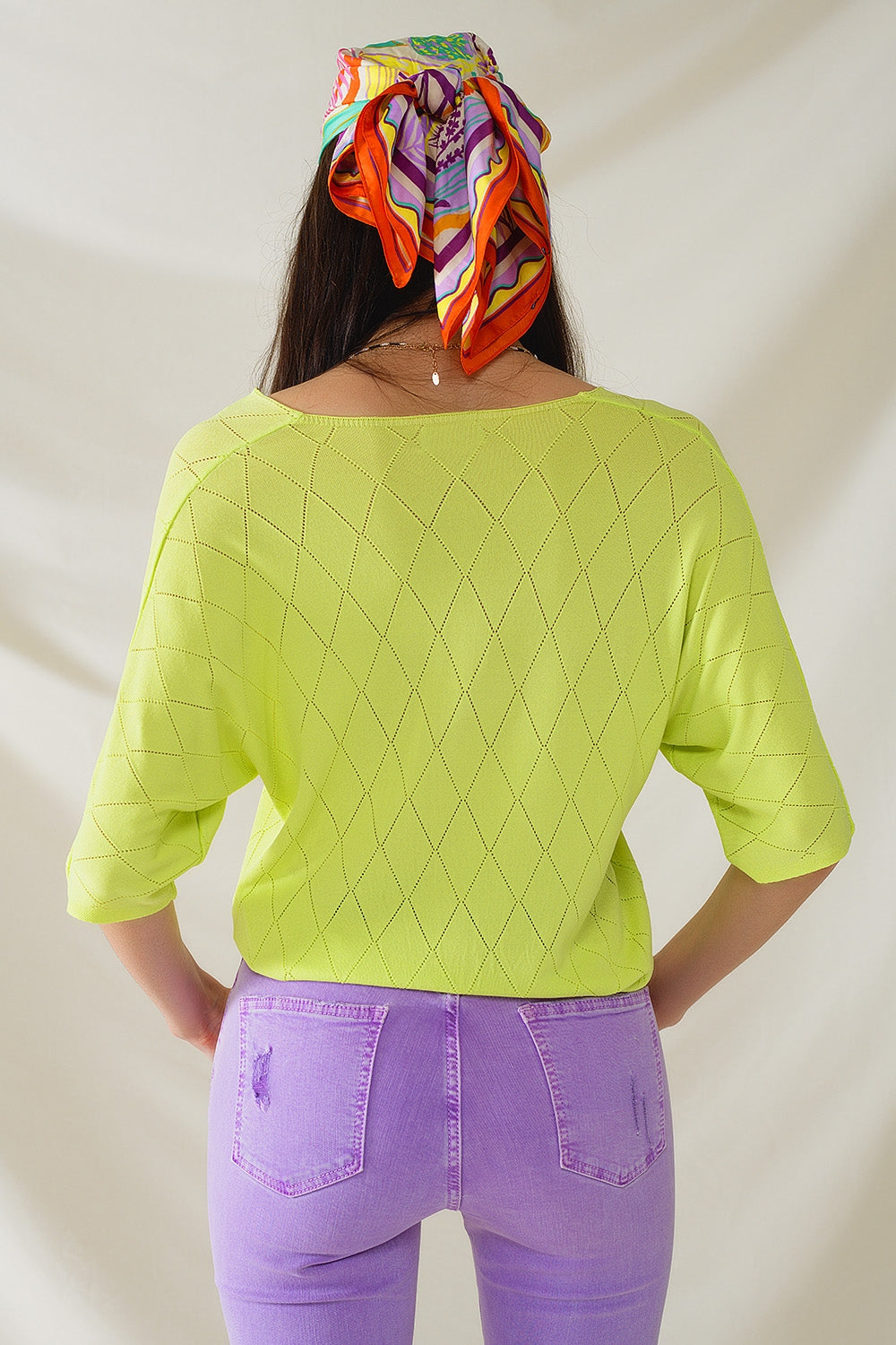 Maglione a maniche corte color lime con motivo argyle