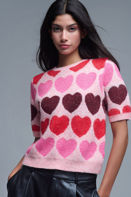 Q2 Maglione a maniche corte con cuore stampato in rosa