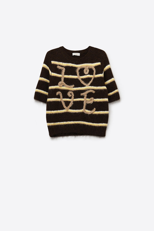 Maglione a maniche corte con ricamo Love in marrone