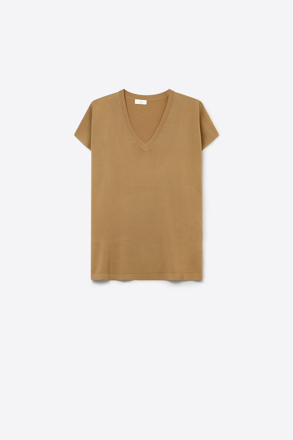 Q2 Maglione a maniche corte con scollo a V in maglia fine color cammello