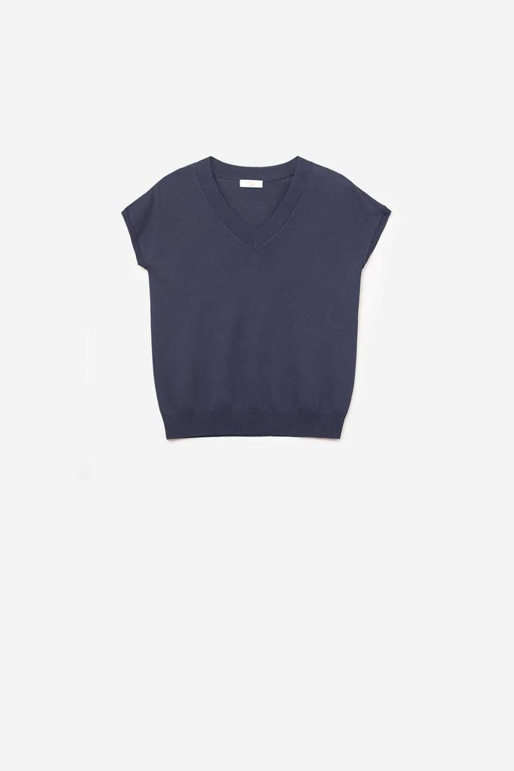 Q2 Maglione a maniche corte con scollo a V in maglia leggera color navy