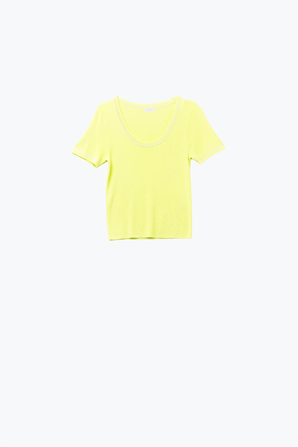 Q2 Maglione a maniche corte in giallo con cuciture argentate sul collo rotondo