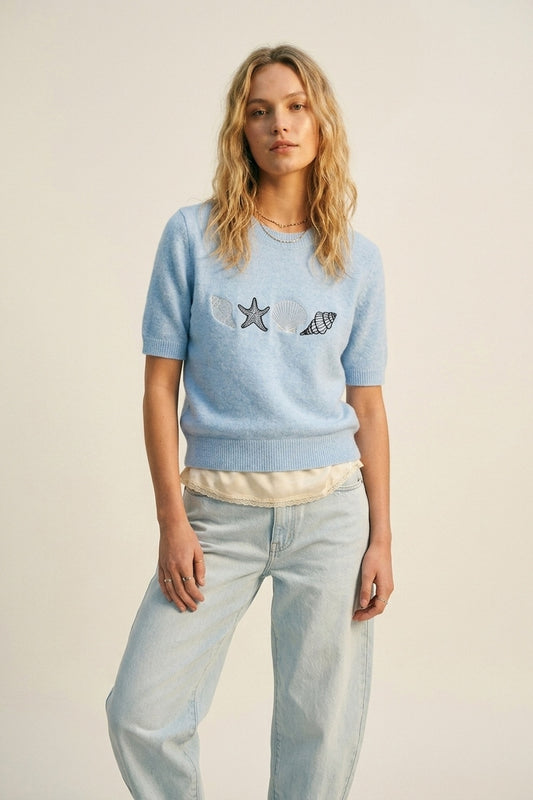 Q2 Maglione a maniche corte in maglia azzurra conchiglia
