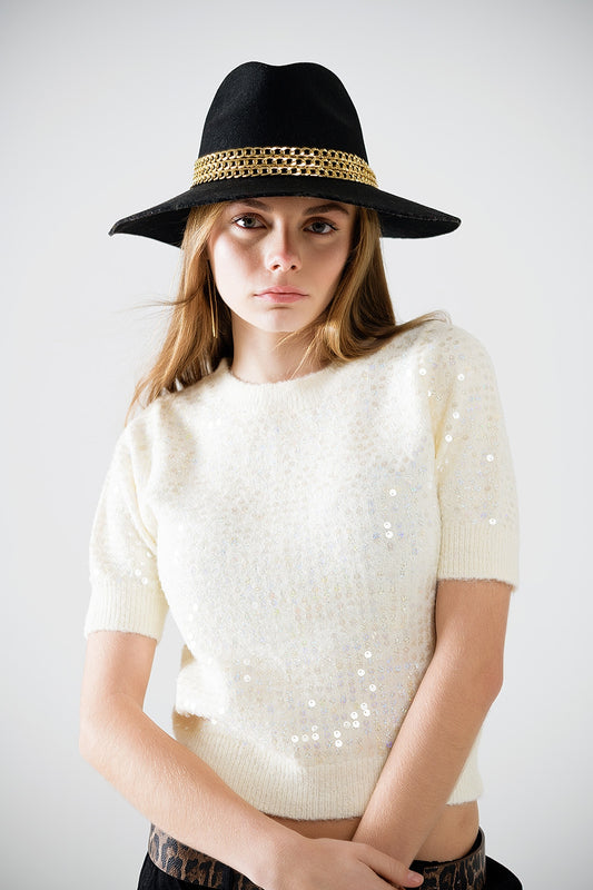 Q2 Maglione a maniche corte in paillettes color crema