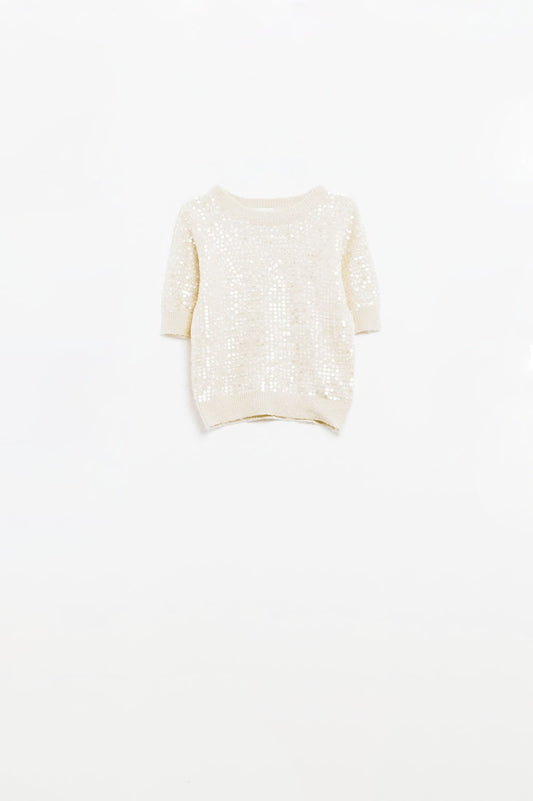 Maglione a maniche corte in paillettes color crema