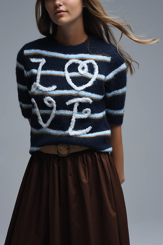 Q2 Maglione a maniche corte ricamato Love in blu