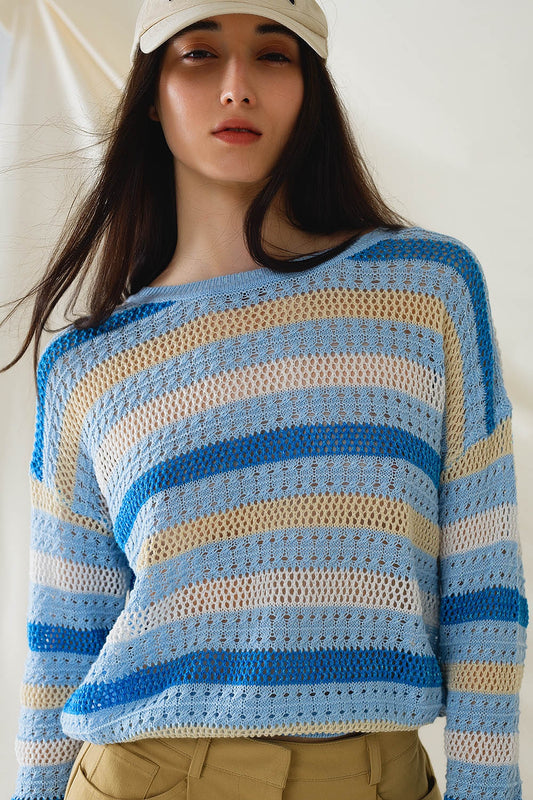 Q2 Maglione a maniche lunghe blu multicolore con collo a barca