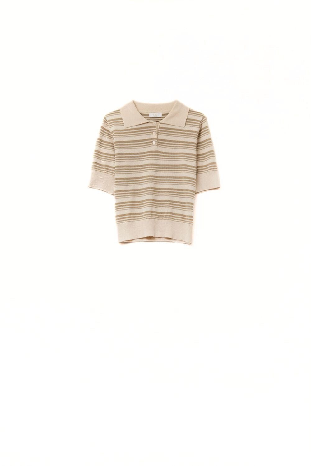 Maglione a righe beige e cammello con collo a polo
