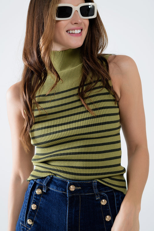Q2 Maglione a righe con tartaruga verde oliva