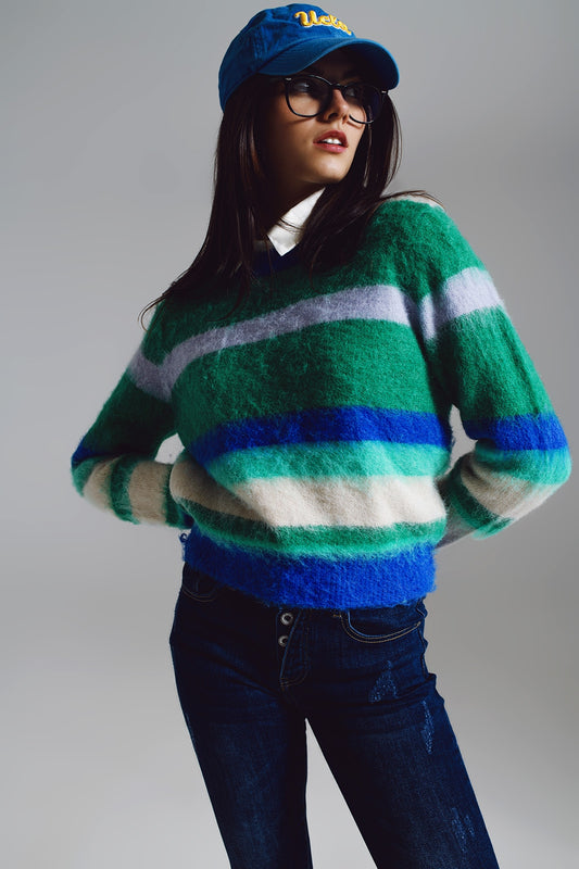 Q2 Maglione a righe morbido e soffice in tonalità di blu verde e bianco.