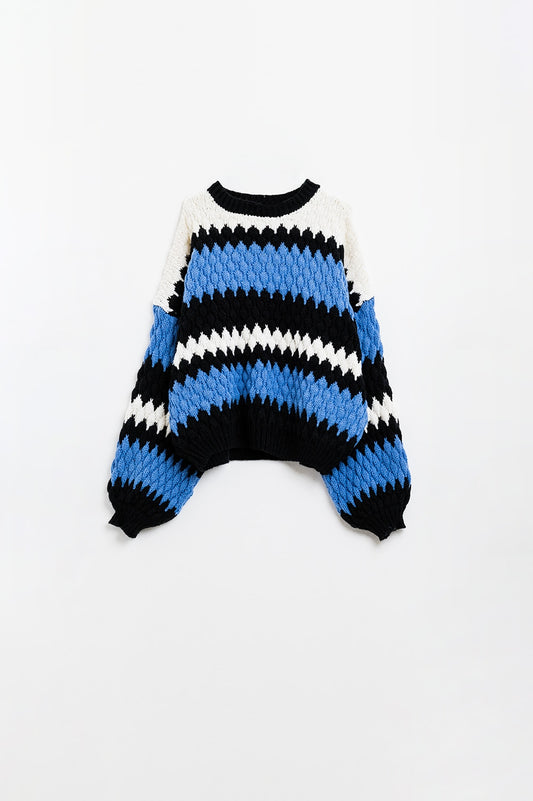 Q2 Maglione accogliente blu bianco e nero