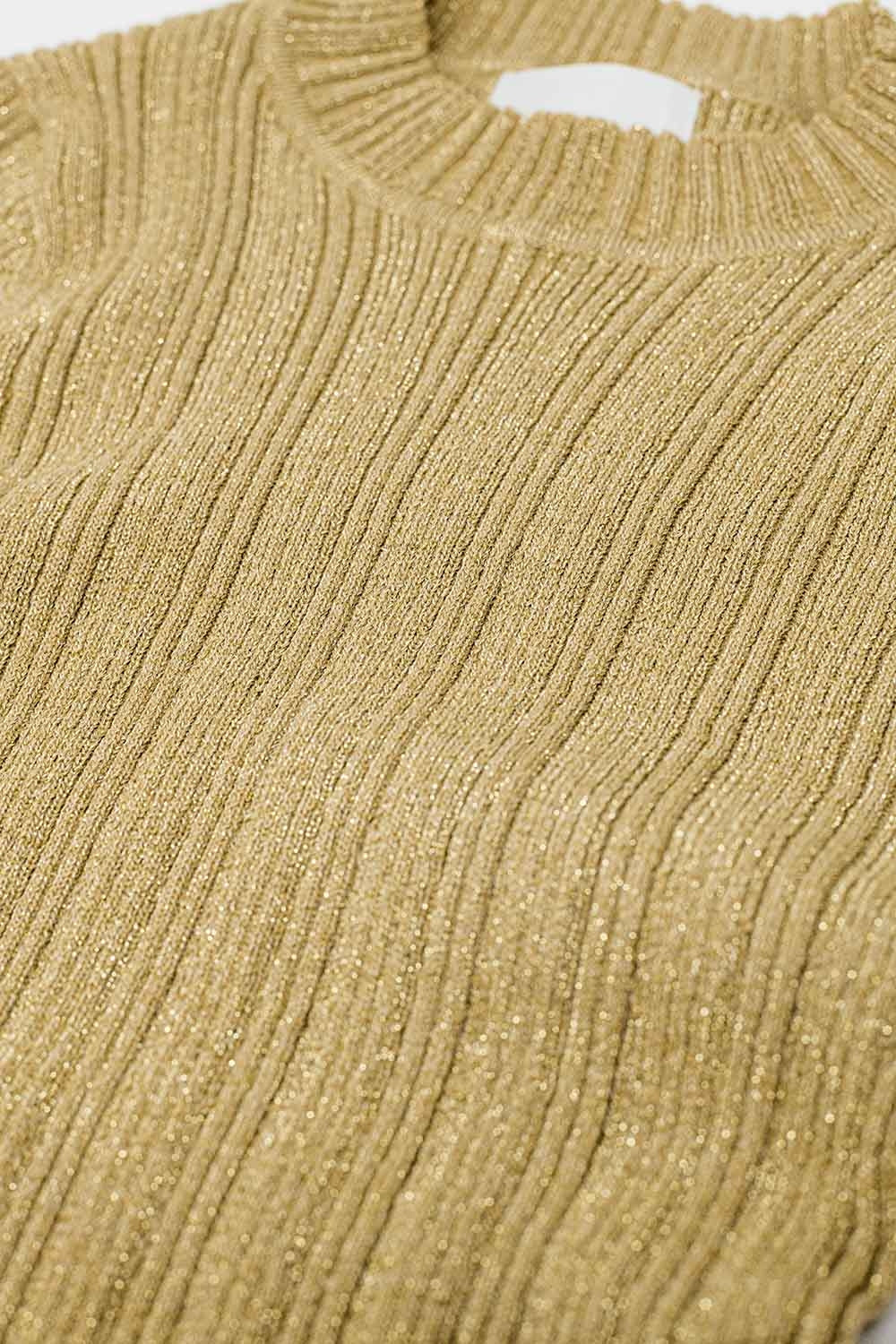Maglione aderente a coste in beige con dettagli in filo d'argento