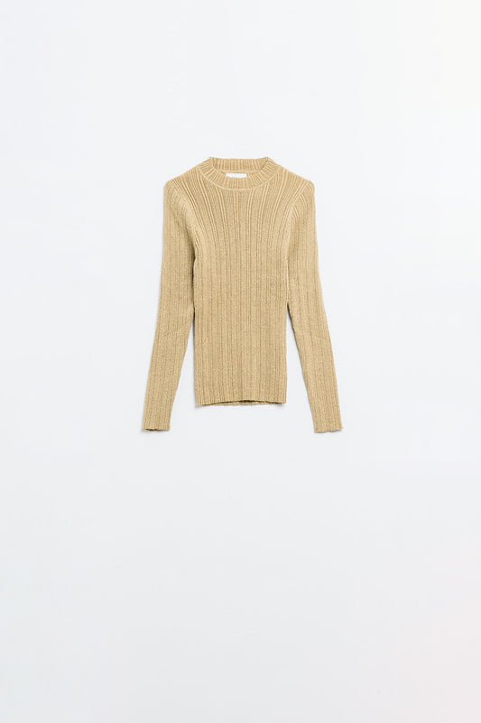 Q2 Maglione aderente a coste in beige con dettagli in filo d'argento