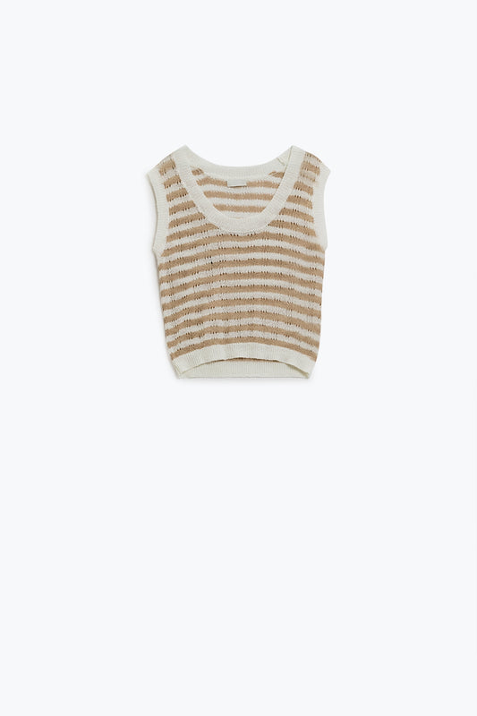 Q2 Maglione aperto a maglia cropped a righe senza maniche in marrone e bianco